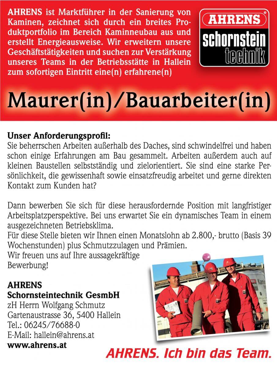 AHRENS sucht Maurer(in) in Hallein